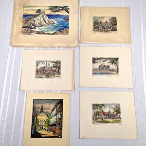 Vintage Hand-Colored Etching & Watercolor Art Lot American Landmarks Colonial